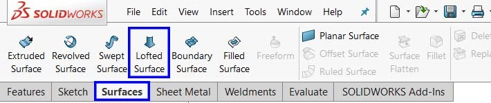 دستور Lofted Surface در زبانه‌ی سرفیس نرم‌افزار Solidworks